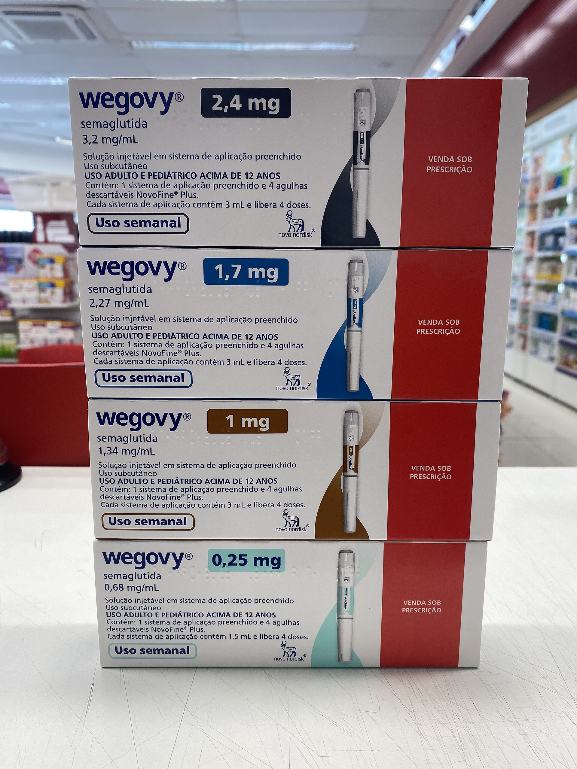 Boxes of Wegovy semaglutide injection pens in several dose strengths